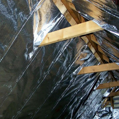 Attic Radiant Barrier Shield 25.5 Inch Premium Single Layer Aluminum Foil With Reinforced Polyethylene installed on attic rafters