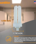 Compact Fluorescent Plug In Quad Tube Light 26W 4 Pin GX24q3 Base 1800 Lumens Daylight 6500K Energy Efficient Bright Replacement Bulbs 10 Pack for Ceiling Fixtures shown in white with measurements.
