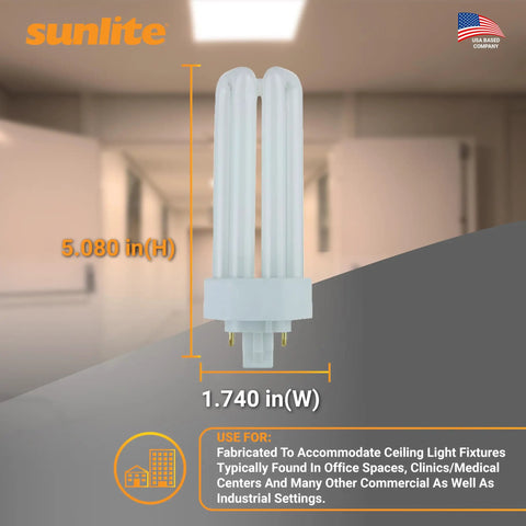 Compact Fluorescent Plug In Quad Tube Light 26W 4 Pin GX24q3 Base 1800 Lumens Daylight 6500K Energy Efficient Bright Replacement Bulbs 10 Pack for Ceiling Fixtures shown in white with measurements.