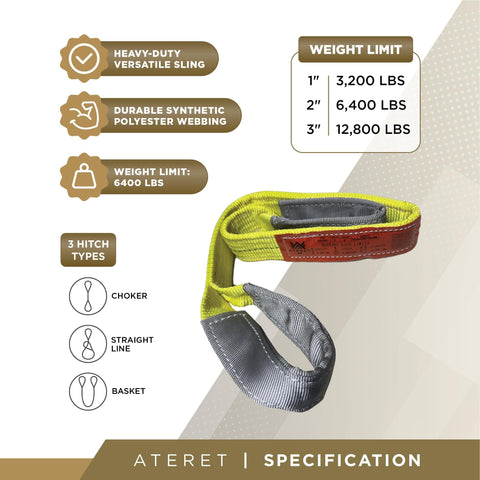 Twisted Eye Polyester Lift Sling 3 Inch By 6 Foot Heavy Duty Lifting Web Sling With Reinforced Eyes shown with specifications