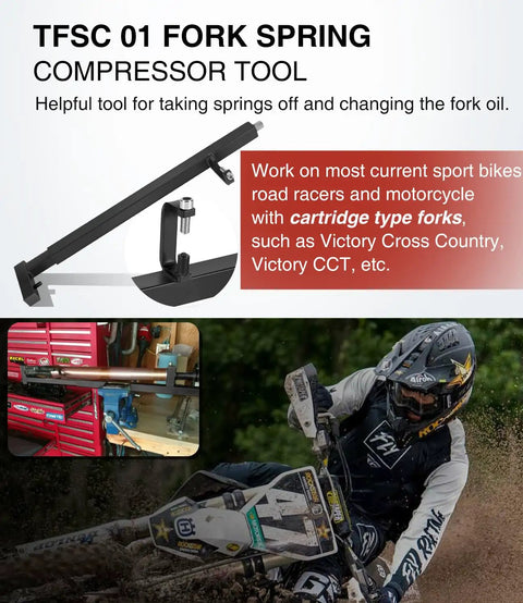 Diagram and use of Must Have Adjustable Motorcycle Fork Spring Compressor Tool Kit For Sport Bikes Cartridges Pro Grade And Easy To Use Fits Most Modern Forks For Safe Quick Maintenance And Hassle Free Fork Service, with close-up of tool in action and dirt bike rider.