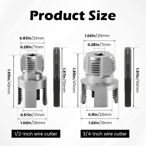 4 In 1 Universal Pipe Wrench Set For PVC Plastic Threads showing size specifications for wire cutters in alloy steel.