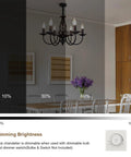 French Country Chandelier For Kitchen And Dining Room Vintage Candle Style Six Light Farmhouse Pendant Light In Matte Black shown in dining room dimming test