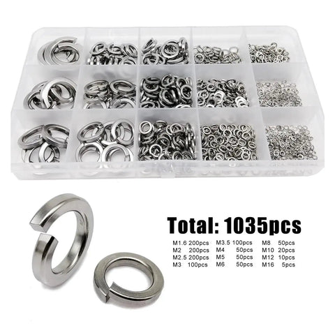 Stock Up With This Huge 1035 Piece Assortment Of 304 Stainless Steel Spring Split Lock Washers In Sizes M1.6 Through M16 That Are Super Durable Rust Proof And Ready For All Your Projects.