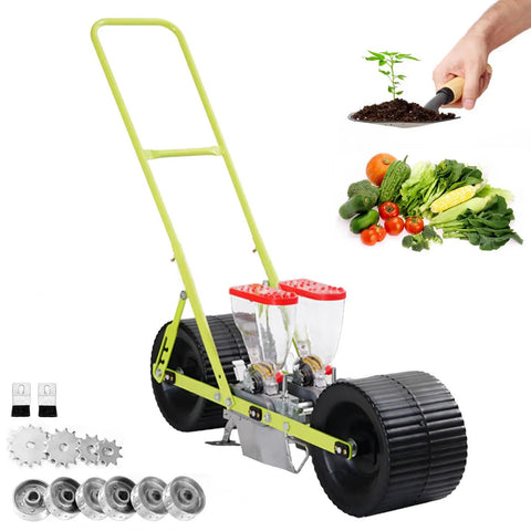 Hand Push Garden Seeder For Row Crops, Handy Planting Tool With Precise Sowing, Adjustable Depth 0-5cm, 2-row seeder, vegetables visible