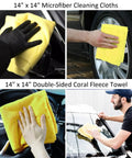 10 Piece Car Wash Detailing Kit With Collapsible Bucket Wash Mitt Sponge Towels Wheel Brush Window Squeegee Chenille Microfiber Mitt Coral Velvet Towel And More Pro Grade Interior Exterior Wheel Cleaning Tools showing yellow microfiber cleaning cloths in use on car surfaces.