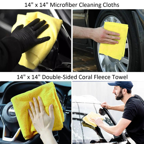 10 Piece Car Wash Detailing Kit With Collapsible Bucket Wash Mitt Sponge Towels Wheel Brush Window Squeegee Chenille Microfiber Mitt Coral Velvet Towel And More Pro Grade Interior Exterior Wheel Cleaning Tools showing yellow microfiber cleaning cloths in use on car surfaces.