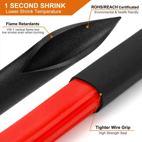 Extra Long Heat Shrink Tubing Kit 172 Pcs, 40 Sizes, 2 To 1 Shrink Ratio, black tubing over red wire close-up