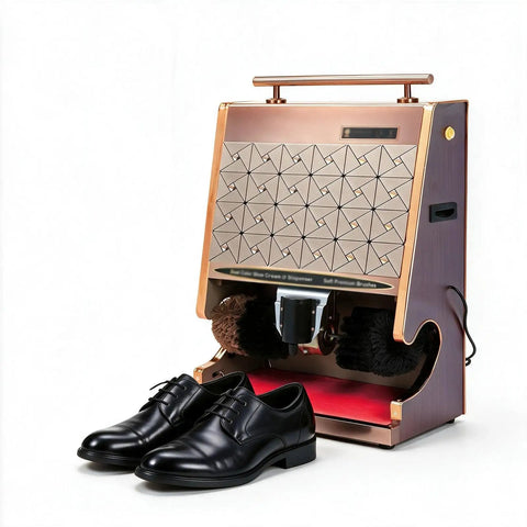 100 Watt Automatic Electric Shoe Polisher With Smart Induction Trigger And Dual Spherical Brushes Plus Integrated Polish Cup For Zero Fuss Killer Shine Ideal For Daily Maintenance Silver with black shoes.