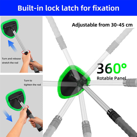 Extendable Car Window Cleaner With Four Reusable Microfiber Pads Aluminum Pole And 50ml Spray Bottle Inside Glass Wiper Kit showing rotatable panel