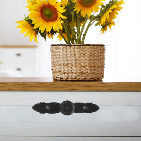 Vintage Cast Iron Drawer Pull Set For Cabinets And Furniture Drawers Retro Kitchen Cupboard Hardware on white drawer with sunflowers