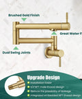 Wall Mount Pot Filler Faucet 19 Inch Folding Stretchable Kitchen Tap In Stainless Steel Brushed Gold with Dual Swing Arms