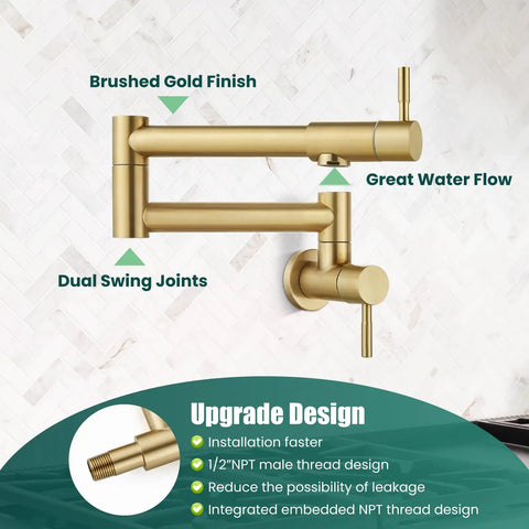 Wall Mount Pot Filler Faucet 19 Inch Folding Stretchable Kitchen Tap In Stainless Steel Brushed Gold with Dual Swing Arms