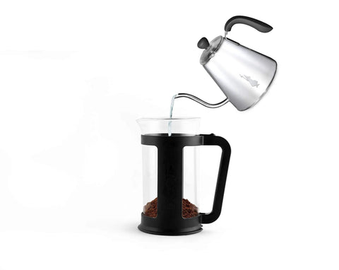 Smart French Press Coffee Maker With Borosilicate Glass Carafe Brew Ready 1 Liter 34 Ounce Capacity 8 Cup Dishwasher Safe Black Handle And Lid For Coffee Or Tea Infusions visible with water pouring into it.