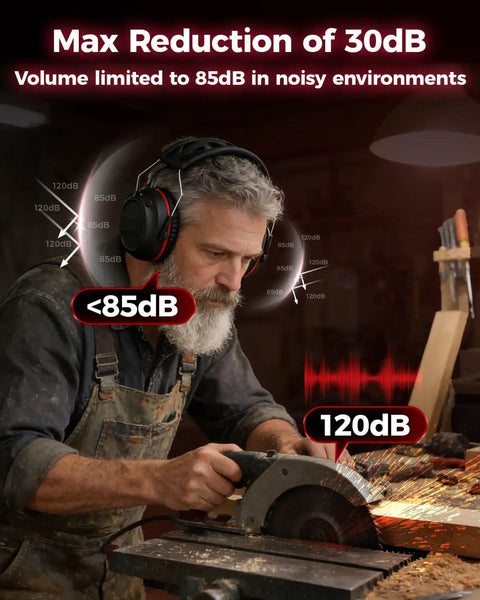 Man using a circular saw in a workshop wearing Bluetooth Hearing Protection Earmuffs With 4X Sound Amplification Gel Cushioned Ears 30dB Noise Reduction 120-Hour Playtime 6.0 Tech Built For Workshops Lawn Care Range Mowing And DIY Projects.