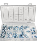 110 Piece Metric Grease Fittings Kit With Standard Straight 45 Degree And 90 Degree Angled Zerk Nipples in open storage box