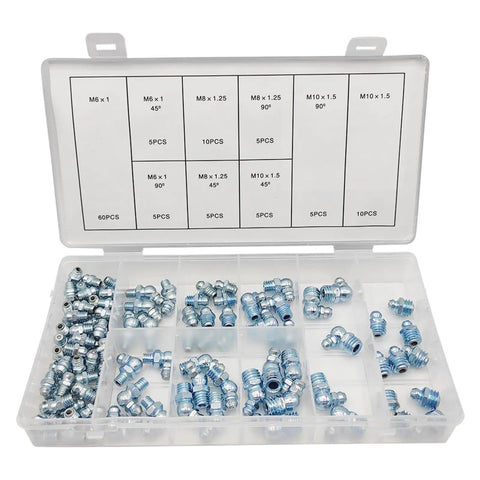 110 Piece Metric Grease Fittings Kit With Standard Straight 45 Degree And 90 Degree Angled Zerk Nipples in open storage box