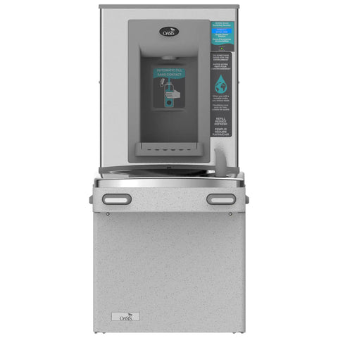 Front view of VersaCooler II Combo ADA Electronic Bottle Filler And Filtered Refrigerated Drinking Fountain Includes 8 GPH Lead Free 100 Micron Strainer Greystone Unit.
