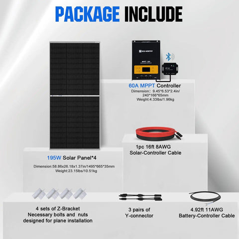 Image showing components of the 800W 12V Mono Solar Panel Off Grid RV Boat Kit with 195W panels, MPPT controller, and cables.