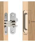 Concealed Overlay Cabinet Hinges 2 Pack With 180 Degree Bearing For Folding Doors And Windows Hidden Cross Door Hinge Set In Stainless Steel And Zinc Alloy Includes Screws Durable And Smooth 360 Degree Rotation Invisible When Mounted shown with dimensions on wooden door