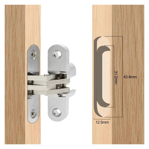 Ball Bearing Door Hinges Heavy Duty 2 Pack Hidden Concealed Cross Hinge With 180 Degree Swing installed in wooden panel with visible dimensions