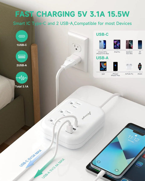 Grab And Go Global Travel Power Strip With Universal Plug Adapter 3 Outlets And 3 USB Ports EU UK US Plugs on table