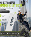 Heavy Duty Rechargeable Electric Hoist Winch With Remote Control for emergency descent, showing user operating remote outdoors.