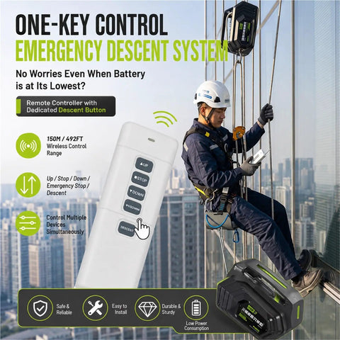 Heavy Duty Rechargeable Electric Hoist Winch With Remote Control for emergency descent, showing user operating remote outdoors.