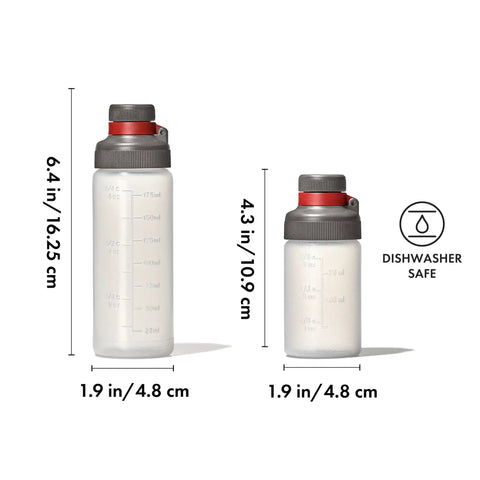 Two squeeze bottles from Outdoor 7 Piece Spice Shaker and Squeeze Bottle Set for Camping and Camp Kitchen Setup Leakproof Lids with Interchangeable Caps