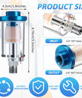 Close-up of 2 Pack Compressed Air Filter Water Oil Separator 1/4 Inch NPT Inlet And Outlet For Airbrush And Compressor Lines, Moisture Separator Keeps Your Air Clean And Dry At 90 PSI, with product dimensions and connection details.