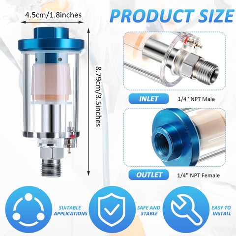 Close-up of 2 Pack Compressed Air Filter Water Oil Separator 1/4 Inch NPT Inlet And Outlet For Airbrush And Compressor Lines, Moisture Separator Keeps Your Air Clean And Dry At 90 PSI, with product dimensions and connection details.