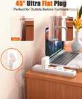 2 Prong To 3 Prong Outlet Adapter Power Strip with 10ft extension, 45° flat plug behind desk, powering laptop and device.
