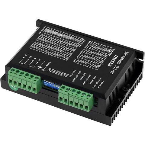 DM556 stepper motor driver module; black metal enclosure with green screw-terminal blocks and cooling fins