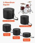 Tour Tough Five Piece Drum Case Set Crafted From Durable 600D Nylon With Heavy Padding For 22 Inch Kick Drum 12 13 16 Inch Toms And 14 Inch Snare Covers, displayed with multiple drum bags.