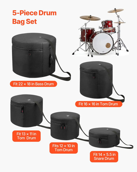 Tour Tough Five Piece Drum Case Set Crafted From Durable 600D Nylon With Heavy Padding For 22 Inch Kick Drum 12 13 16 Inch Toms And 14 Inch Snare Covers, displayed with multiple drum bags.