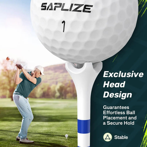 Pro Grade Durable Plastic Golf Tees 120 Pack One And One Half Inch And Three And One Quarter Inch With Reinforced Four Prong Head Design Reducing Friction And Side Spin Perfect Gift For Golfers Blue featuring golfer swinging next to tee with exclusive head design