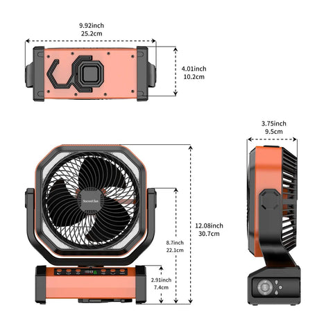 Dimensions of Camping Fan With Light 20000mAh Battery With USB Charging, 112 Hours Run Time On Low, 9 Speed Settings, Digital Display