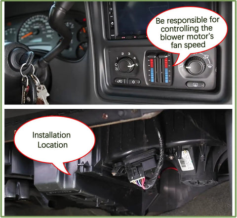 Dashboard controls and installation location for Direct Fit Blower Motor Resistor Kit With Harness For Chevy Silverado GMC Suburban Sierra Yukon 2003 2006 Replaces 973-405 15-81086 22807123 Plug And Play Easy Install.