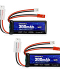 7.4V 2S 60C Burst 120C 300mAh LiPo Battery with JST Red and PH2.0 White Plugs for RC Cars and Airplanes, two-pack view