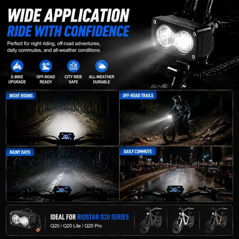 Ridstar Q20 Ready 20W LED Ebike Headlight with 3-Pin Dual Beam for night, off-road, and rain riding conditions
