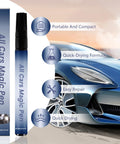 All Cars Magic Scratch Repair Pen Kit 2 Pack, pen next to blue car showcasing features: portable, quick-drying, easy repair.