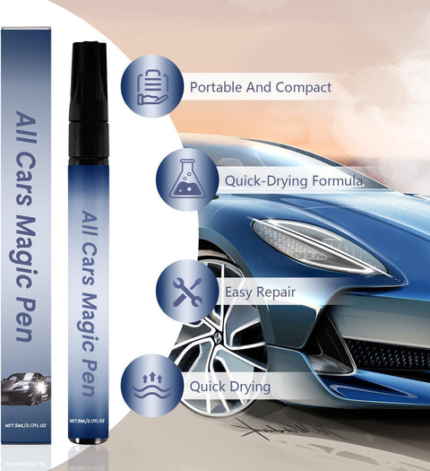 All Cars Magic Scratch Repair Pen Kit 2 Pack, pen next to blue car showcasing features: portable, quick-drying, easy repair.