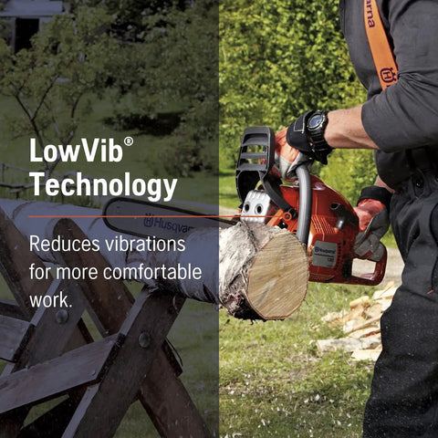 Man using gas powered chainsaw with 38cc 2.1HP X-Torq engine, 16 inch bar for wood cutting, demonstrating LowVib technology.