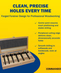 Built Tough Forstner Drill Bit Set Six Piece High Speed Steel Woodworking Accessory Kit For Fine Cabinetry Doors And Barn Renovations smooth cutter in a wooden case for precise drilling.