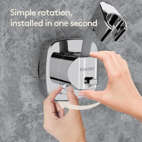 Installing 360 Degree Swivel Shower Head Holder With Strong Suction Cup on tile, showing hands adjusting silver bracket
