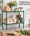 Badass Two Shelf Heavy Duty Wire Shelving Unit, 14x60x27 Green Epoxy NSF Rack For Kitchen Garage, adjustable shelving with storage boxes and flowers.