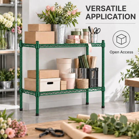 Badass Two Shelf Heavy Duty Wire Shelving Unit, 14x60x27 Green Epoxy NSF Rack For Kitchen Garage, adjustable shelving with storage boxes and flowers.