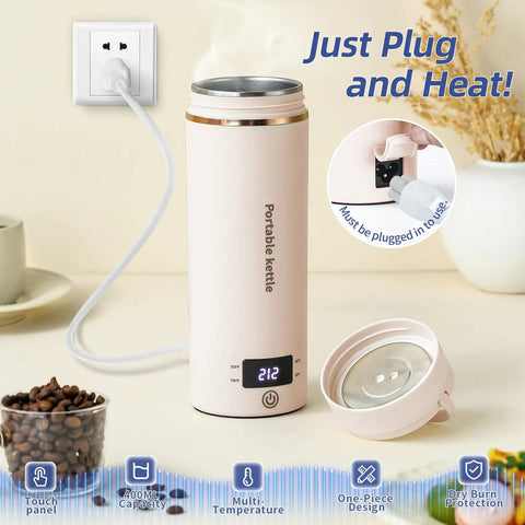 Portable Travel Electric Kettle With Four Temperature Presets 400Ml Mini Hot Water Boiler in 304 Stainless Steel Beige Color in use.