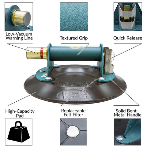 9-Inch Metal Handle Suction Cup Lifter for Flat Surfaces with Red-Line Vacuum Indicator, Check Valve, and Release Valve, Pro Grade Tool.
