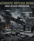 One To One Scale MK14 Style Gun Block Set with 1568 Pieces showing adjustable scope and bolt action in urban ruins.